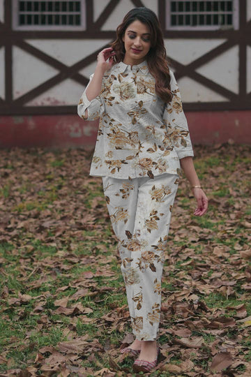 Golden Floral Poly Satin Co-ord Set